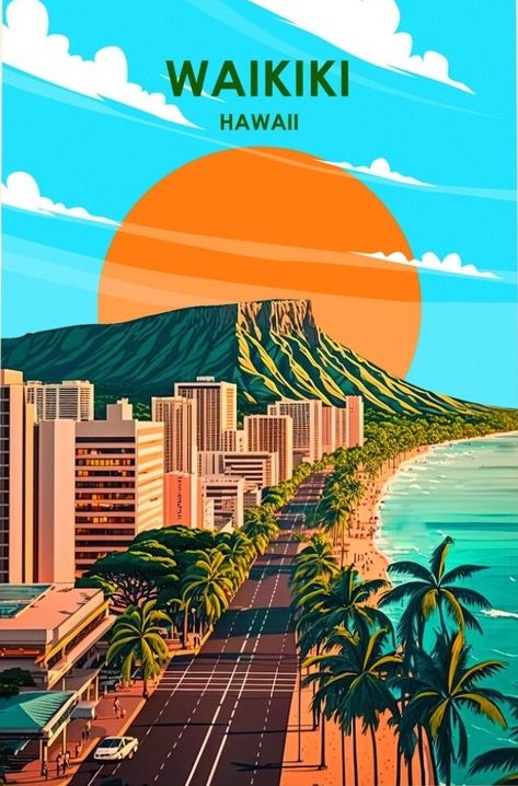 Hawaii Poster, Landmark Poster, Alberta Travel, Waikiki Hawaii, Diy Travel Journal, Travel Globe, Cute Animal Drawings Kawaii, Tour Posters, National Park Posters