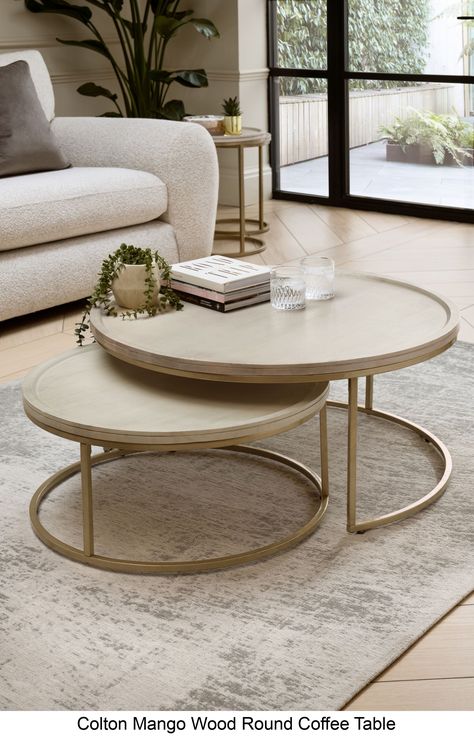 Solid mango wood furniture in a light wash finish, featuring a champagne gold effect metalwork frame Funky Coffee Tables, Round Coffee Table Styling, Round Coffee Table Decor, Coffee Table Arrangements, Coffee Table Decor Living Room, Round Coffee Table Living Room, Circle Coffee Tables, Mango Wood Coffee Table, Center Table Living Room