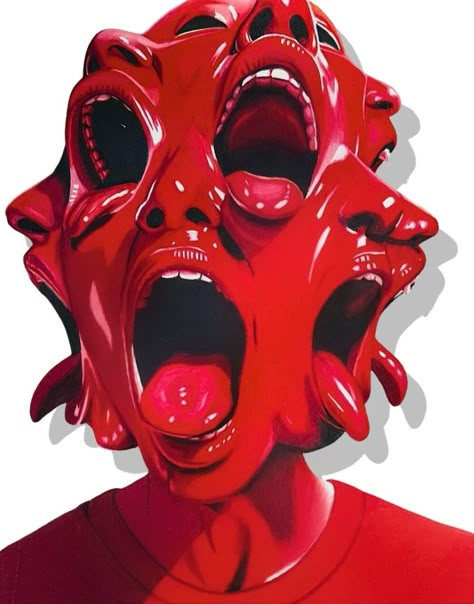 Faces in Red made by Freedavinci 11x14 dimensions available only Cool Face Reference, Get Out Of My Head Art, Open Mouth Tongue Out Reference, Ripping Face Off Art, Angry Tattoos, Rage Portrait, Face Bandages, Red Face Demon Insidious, Face Reference Drawing