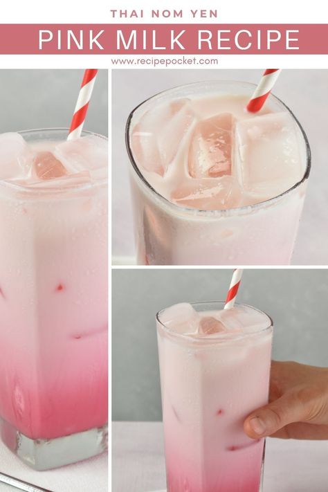 Thai pink milk or Nom Yen is a popular non-alcoholic milk drink that you can make at home. This cold milk drink is refreshing and perfect for hot summer days. It’s similar to a strawberry milkshake without ice cream and quicker to make. This recipe can be made with or without sweetened condensed milk and evaporated milk. Get the recipe from recipepocket.com Asian Alcoholic Drinks, Thai Pink Milk, Flavored Milk Recipes, Korean Drinks Recipe, Milkshake Without Ice Cream, Thai Meals, Beautiful Meals, Soft Drinks Recipes, Korean Drinks