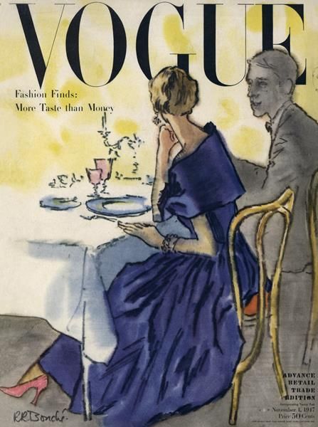 Vogue Illustrations, Ceil Chapman, Vintage Vogue Covers, Vogue Magazine Covers, Vogue Archive, Royal Blue Dress, Vogue Covers, Ad Art, November 1