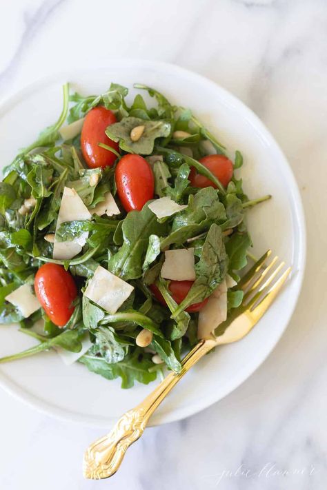 A light and refreshing classic Insalata Mista with shaved parmesan, grape tomatoes, and pine nuts tossed in a delicious balsamic vinaigrette. This mixed salad goes great with just about every entree! #salad #recipe Salad Italian, Fish Pasta, Shaved Parmesan, Mixed Salad, Cherry Tomato Pasta, Classic Salad, Julie Blanner, Salad Sauce, Grilled Pizza