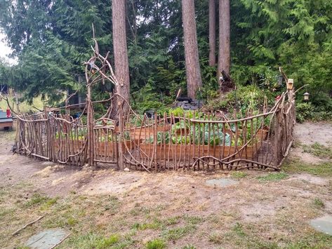 Wattle Fence Garden, Stick Fence Ideas, Stick Garden Bed, Whimsical Fence Ideas, Reclaimed Fence Wood Projects, Whimsical Garden Fence, Natural Fence Ideas, Pavers Pathway, Stick Fences