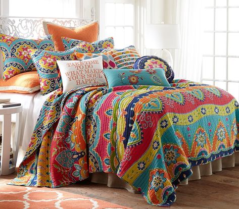 Amazon.com: Amelie King Cotton Quilt Set, Multi, Global: Home & Kitchen Bright Bedding, Bohemian Quilt, King Quilt Sets, Playful Colors, Bed Quilts, Cotton Quilt Set, King Pillows, Bohol, Bedspread Set