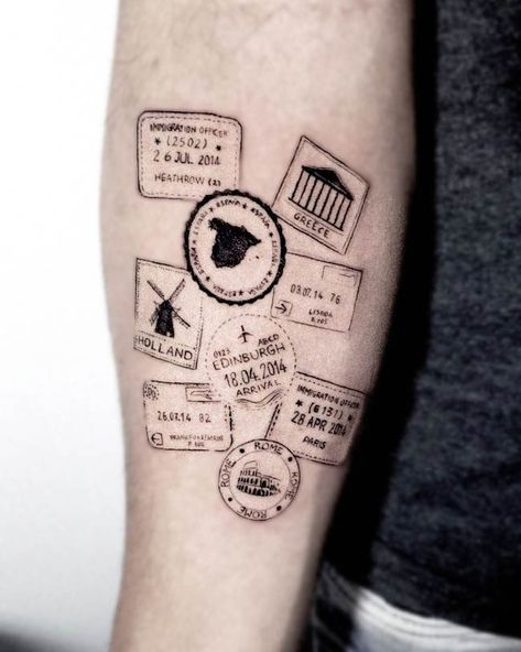 Traveler Tattoo Design, Travel Tattoo Europe, Tattoos To Get When Traveling, Traveling Tattoo Ideas Small, Small Travel Tattoo Men, Small Travel Inspired Tattoos, Airport Tattoo Ideas, Patchwork Travel Tattoo, Interrailing Tattoo