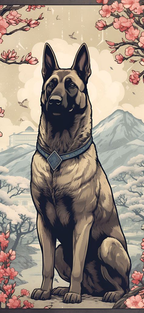 A Ukiyo-E style artwork of a Belgian Malinois sitting under a cherry blossom tree with mountains in the background, ideal for an aesthetic phone wallpaper. Tactical Dog Gear, Malinois Training, Dog Wallpaper Iphone, Belgium Malinois, Unique Wallpapers, Belgian Malinois Dog, Malinois Dog, Dog School, Aesthetic Wallpaper Iphone