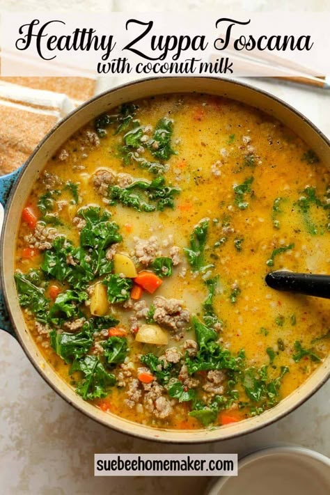 Healthy Zuppa Toscana is a healthier spin on the well-known Olive Garden version of this soup. This recipe includes some lean ground turkey in addition to Italian sausage as well as coconut milk instead of heavy cream. Zuppa Toscana With Coconut Milk, Turkey Zuppa Toscana Soup, Ground Turkey Zuppa Toscana, Turkey Tuscan Soup, Soup With Ground Turkey Meat, Soup Using Ground Turkey, Cheap Healthy Soup, Healthy Ground Turkey Soup, Ground Turkey Soup Recipes Healthy