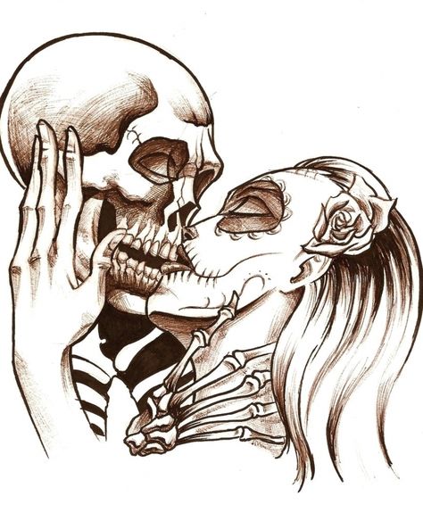 Skull Couple Tattoo, Traditional Chicano Tattoos, Kiss Tattoos, Catrina Tattoo, Skull Girl Tattoo, Gangsta Tattoos, Skull Coloring Pages, Sick Tattoo, Sugar Skull Tattoos