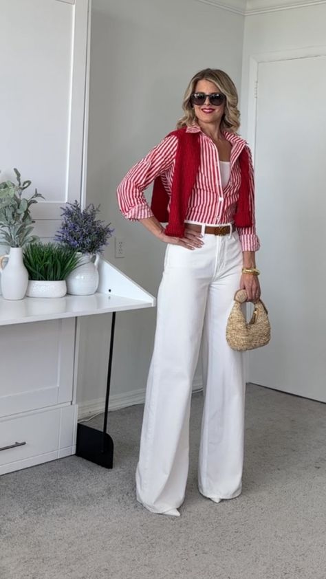 Women's High Rise Wide Leg Jean curated on LTK Red Outfit Women Casual, Red White Outfits For Women, Red And White Casual Outfit, 2024 Looks Women, White Bottoms Outfit, Red And White Outfit Classy, Red Wide Leg Pants Outfit, Red Work Outfit, Red And White Striped Shirt Outfit