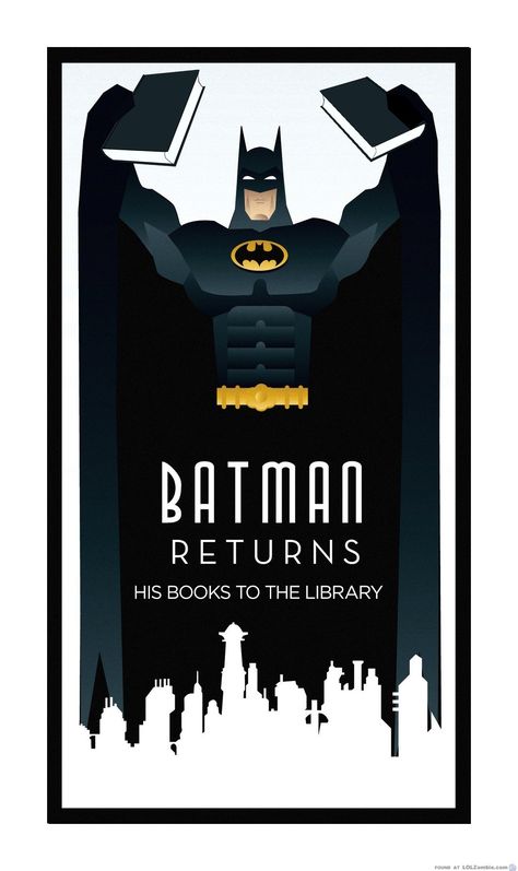 Batman Returns ... His Books To The Library Library Memes, Library Humor, Middle School Libraries, Library Media Center, Library Posters, Superhero Classroom, Library Signs, Library Inspiration, Super Hero Theme