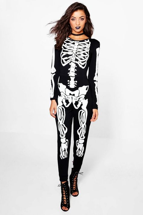 Tall Halloween Skeleton Jumpsuit | boohoo Plus Size Skeleton Costume, Skull Outfits, Skeleton Jumpsuit, Skeleton Halloween Costume, Hot Halloween Outfits, Spooky Night, Spooky Stuff, Skeleton Costume, 70s Inspired Fashion