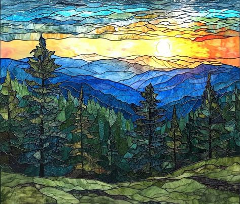 Stained Glass Art Mountains, Stained Glass Sky, Window Glass Painting, Stained Glass Nature, Stained Glass Wallpaper, Stained Glass Landscape, Stained Glass Window Clings, Landscape Mosaic, Stain Glass Window Art