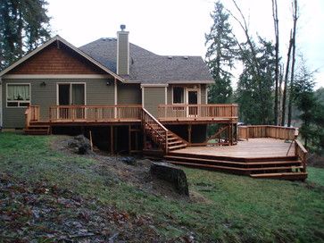 Linda Engstrom  landscape Multi Level Decks And Patios, Layered Deck Ideas, Deck Designs Multi Level, Multi Level Deck Ideas, Patio Step, Multi Level Deck, Tiered Deck, Clapboard Siding, Deck Accessories