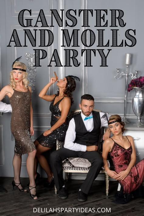 1920s Party Activities, 30s Themed Party Ideas, Al Capone Party Theme, Bugsy Malone Costume, Gangsters And Molls Party, Ganster Party Theme, Italian Mobster Theme Party, Peaky Blinders Dress Women, Roaring 20s Party Outfit Men