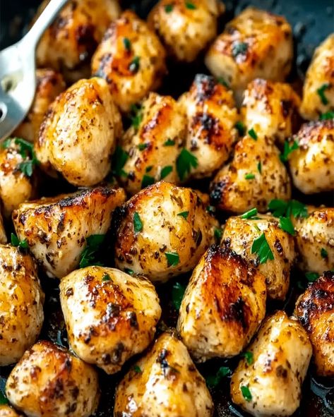 Learn how to make 15-Minute Garlic Butter Chicken Bites with this easy one-pan recipe. Perfect for weeknight dinners or quick appetizers! Something For Dinner, Creamy Chicken Bites, Chicken Bites Stove Top, Oven Baked Chicken Bites, Baked Chicken Bites, Honey Garlic Chicken Bites, Quick Easy Dinners, Garlic Butter Chicken Bites, Butter Chicken Bites