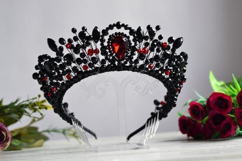 Black and red wedding crown Gothic wedding crown Black | Etsy Black And Red Wedding, Cosplay Crown, Black Tiara, Gothic Crown, Crystal Bridal Tiaras, Gothic Wedding Dress, Crown Black, Red Crown, Purple Mermaid