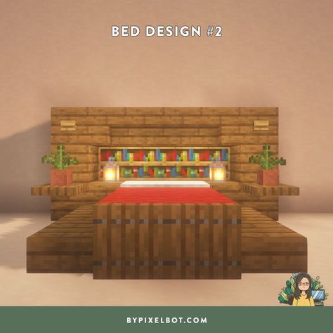 20 Beautiful Minecraft Bed Design Ideas (Double Bed Edition) — ByPixelbot Fancy Bed Minecraft, Fancy Minecraft Bed Ideas, Double Bed Minecraft, Minecraft Double Bed Ideas, Minecraft Bed Frame, Bed Minecraft Ideas, Bed Design Minecraft, Minecraft Couple, Minecraft Bed Designs