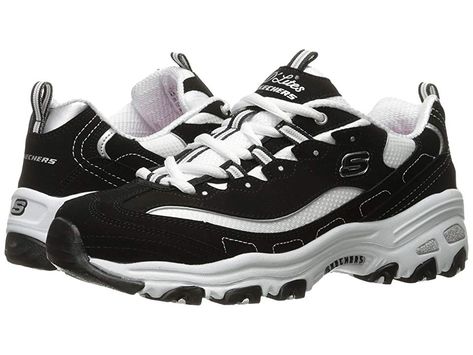 SKECHERS D'Lites - Biggest Fan (Black/White) Women's  Shoes. Classic design and lasting comfort is exactly what you'll find in the SKECHERS D'Lites Biggest Fan athletic-inspired sneaker. Smooth trubuck synthetic nubuck uppers with breathable mesh inserts. Lace-up closure. Hardy toe and heel bumpers. Plush tongue and collar. Breathable mesh lining offers a great in-shoe feel. Memory Foam insole supplies underfoot comfort. Light #SKECHERS #Shoes #Athletic #Casual #Black Skechers D'lites, Skechers Shoes Women, Sketchers Shoes, Skechers D Lites, White Shoes Sneakers, Black And White Sneakers, Black And White Shoes, Black Shoes Women, White Shoes Women