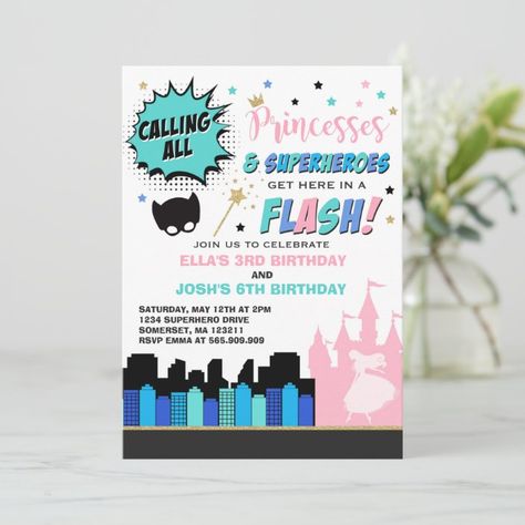 Princess And Superhero Birthday Invitation | Zazzle.com Princess Vs Superhero Party, Super Hero And Princess Party Ideas, Princess Party Ideas, Superhero Birthday Invitations, All Superheroes, Superhero Birthday, Superhero Party, 9th Birthday, Princess Party