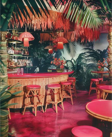 Tiki Bar Wallpaper, Tiki Bar Color Palette, Palm Springs Room Aesthetic, Tiki Room Ideas, Wedding Tiki Bar, Tiki Interior Design, Diy Tiki Bar Decor, Retro Tropical Aesthetic, Fun Bar Ideas