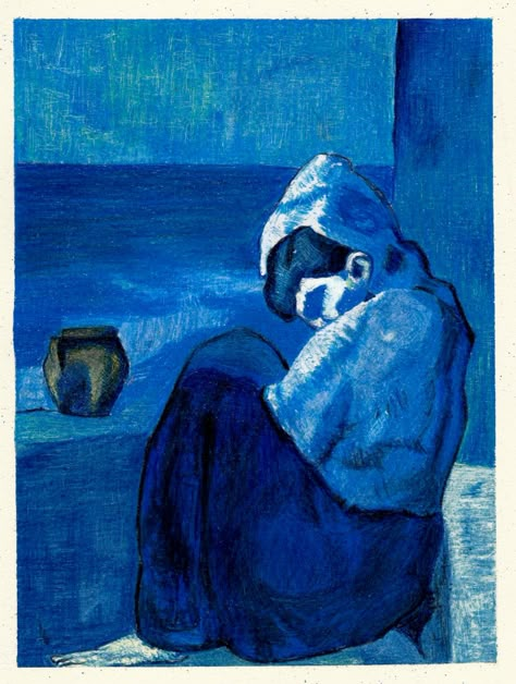 Tried to create a painting using Prismacolor pencils. I choose a painting by Pablo Picasso from his blue period. Crouching Woman, Picasso Blue Period, Picasso Artwork, Picasso Blue, Pablo Picasso Art, Art Picasso, Pablo Picasso Paintings, Picasso Paintings, Spanish Painters