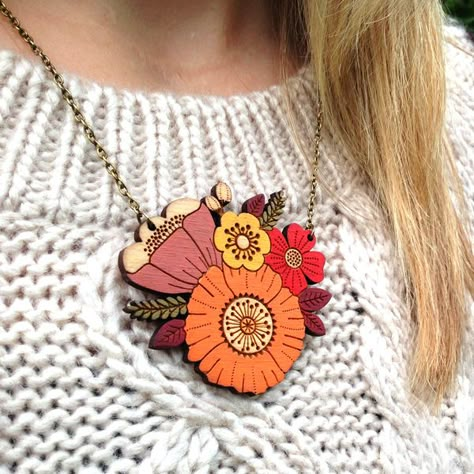 Autumn posy necklace www.layla-amber.co.uk Laser Cut Necklace, Laser Cut Jewelry, Painted Jewelry, Hand Painted Jewelry, Wooden Earrings, Laser Cut Wood, Wood Jewellery, Wooden Jewelry, Etsy Jewelry