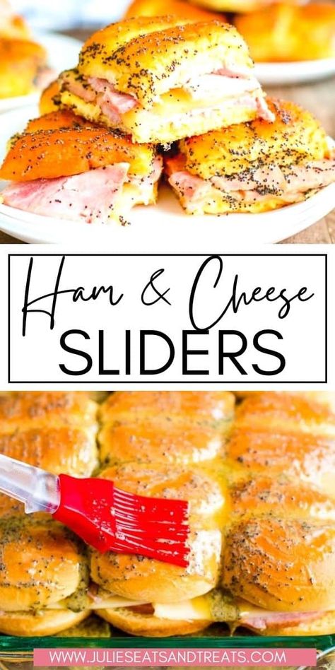 Need an easy dinner idea, quick tailgating recipe, or a delicious holiday party appetizer? Then you are going to love these delicious Ham and Cheese Sliders! Slider buns layered with ham and Swiss cheese, then topped with a sweet butter and poppy seed topping. Sliders Recipes Hawaiian Rolls, Gameday Food, Superbowl Recipes, Easy Slider Recipes, Ham Cheese Sliders, Ham Sliders, Ham And Cheese Sliders, Homemade Ham, Cheese Sliders