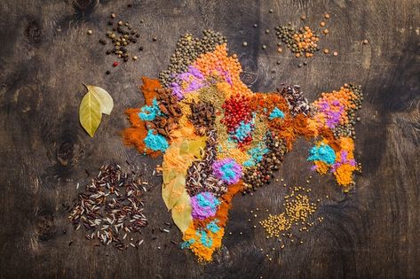 Map of india made from different traditi... | Premium Photo #Freepik #photo #spices-powder #curry-powder #cardamom #pepper-powder Cooking Indian Food, Holi Colours, Rice Lentils, Tandoori Paneer, Map Of India, Spiced Rice, Holi Colors, Tandoori Masala, India Map