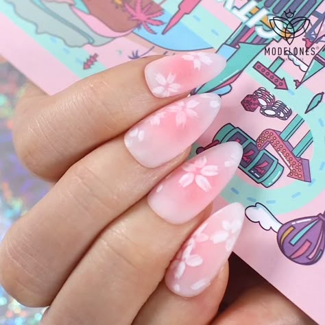 Sakura Nails Acrylic, Sakura Nails Design Simple, Japanese Cherry Blossom Acrylic Nails, Nail Inspo Cherry Blossom, Spring Nails Cherry Blossom, Sakura Inspired Nails, Japanese Spring Nails, Sakura Blossom Nails, Pink Sakura Nails