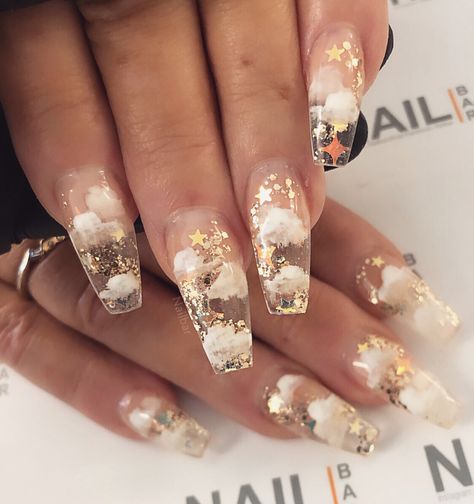 Acrylic Nails Thickness, Encapsulated Nails Fall, Japanese Nail Art Summer, Underside Nail Art, Translucent Nail Designs, Gemstone Nail Designs, Rare Nail Designs, Cute Clear Nails, Cloud Nails Acrylic