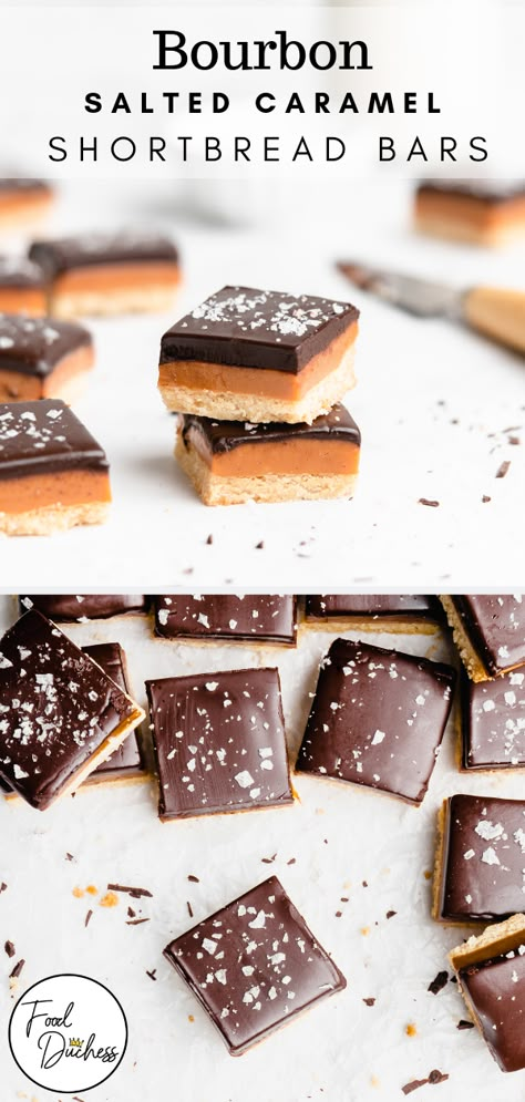 Salted Dessert Recipes, Bourbon Graham Cracker Candy, Bourbon Shortbread Cookies, Dessert With Bourbon, Maple Bourbon Dessert, Salted Caramel Shortbread Cookies, Baking With Bourbon, Bourbon Deserts, Recipes Using Caramel Bits