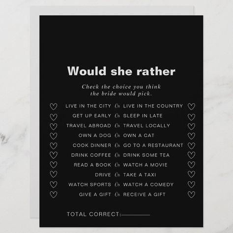 This formal black would she rather bridal shower game is perfect for a classic bridal shower celebration. The design features a beautiful font in a black background to embellish your event. Black And White Themed Bridal Shower Ideas, Black Boho Bridal Shower Ideas, Bridal Shower Ideas Black Women, Black Themed Bridal Shower Party Ideas, Bridal Shower Black Theme, Black And Gold Bridal Shower Ideas, Black Bridal Shower Theme, Goth Bridal Shower Ideas, Bridal Shower Black And White