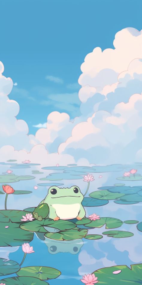 Spring Aesthetic Cartoon, Turtle Duck Wallpaper, Bluey Lockscreens, Summer Cat Wallpaper, Cute Phone Lockscreens, Froggy Background, Spring Backgrounds For Iphone, Spring Aesthetic Drawing, Spring Ipad Wallpaper