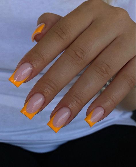 Orange French Nails Tips, Trendy Orange Nails Square, Orange Summer Nails Square, Summer Nails Square Bright, French Nail Orange, Nails Square French Tip, Square Nails For Summer, Peach French Nails, Nail Inspo Summer Orange