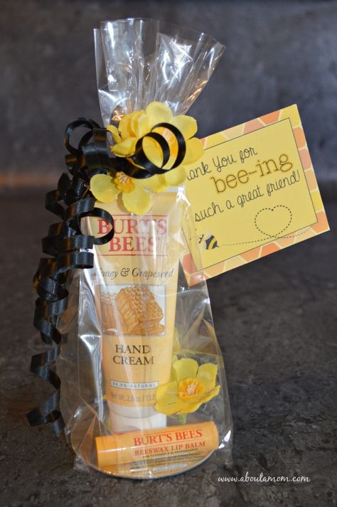 DIY Fall Care Package for a Friend with Printable Gift Tag Tootsie Roll Puns Cute Ideas, Burts Bees Gift Basket Ideas, Bee Theme Gift Ideas, Small Gifts For Coworkers Thank You, Bee Theme Gifts, Bumble Bee Gift Basket, Simple Appreciation Gifts, Bank Teller Appreciation Week Gift Ideas, Easter Gifts For Coworkers Diy