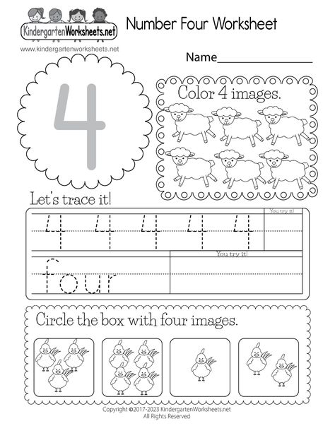 This worksheet is designed to assist students in learning the number four. It requires children to trace and write both the numeral and the corresponding word, accurately color a certain number of sheep, and correctly identify the number of chickens that corresponds to this number. Number 4 Worksheet Kindergarten, Trace Number 4 Worksheet, Number 4 Worksheets For Preschool, Number 4 Craft, Number 4 Worksheet, Morning Work Preschool, Number Activities Kindergarten, Printable Worksheets For Kindergarten, Number Worksheets Kindergarten