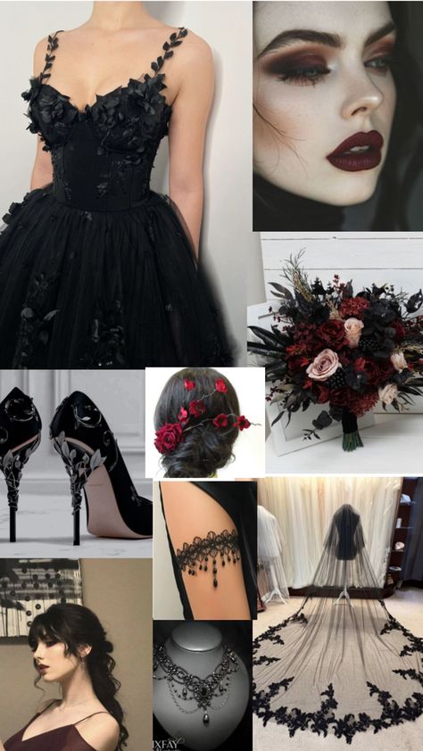 Dark And Moody Wedding Bud Vases, Dark Wedding Aesthetic Bridesmaids, Dark Floral Gown, Black Motif Wedding, Satanic Wedding Ideas, Goth Outdoor Wedding, Goth Wedding Vows, Gothic Wedding Hairstyles Brides, Goth Beach Wedding