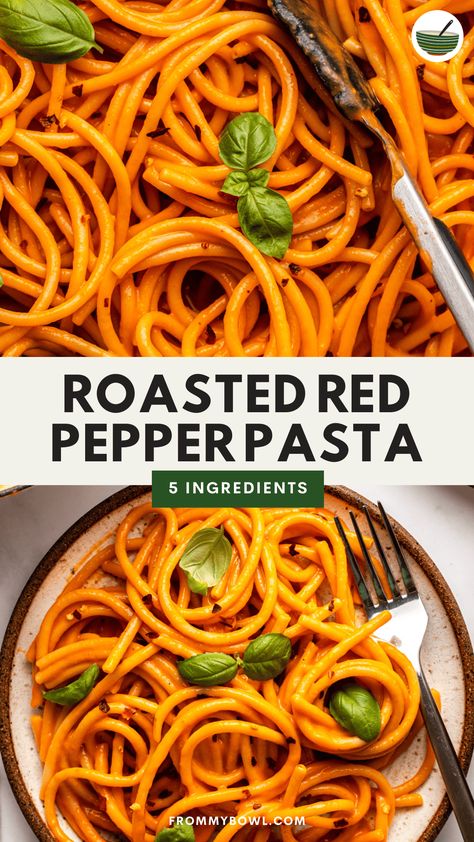 This Roasted Red Pepper Pasta is made rich and creamy with a homemade red pepper sauce and al dente pasta. Simple, tangy, and delicious! Vegan, Gluten-Free Option. Pasta Sauce Without Tomatoes, Pasta Simple, Red Pasta, Vegan Pasta Dish, Roasted Red Pepper Pasta, Red Pepper Pasta, Pasta Varieties, Roasted Red Pepper Sauce, Pasta Sauce Homemade