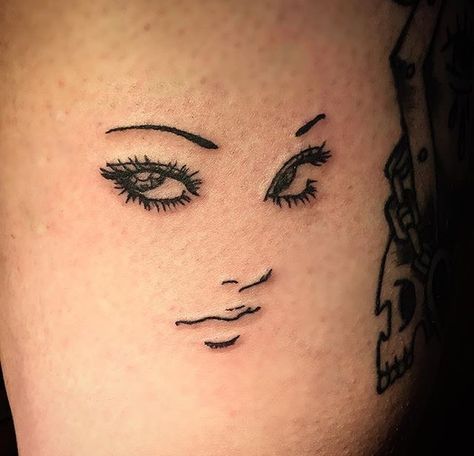 IG @_suzani Goyard Tattoo, Mira Tattoo, Two Faced Tattoo, Face Portrait Tattoo, Soft Tattoo, Face Portrait, Simple Face, Calf Tattoo, Junji Ito