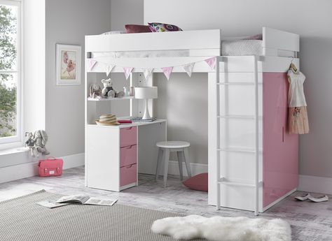 High Sleeper Pink Bed High Sleeper Double Bed, Girls Mid Sleeper Bed, Toddler Size Cabin Bed, Mid Sleeper Cabin Bed, Kids Bedroom Furniture Design, Solid Wood Cabin Bed With Four Drawers, High Sleeper, Mid Sleeper, Mid Sleeper Bed