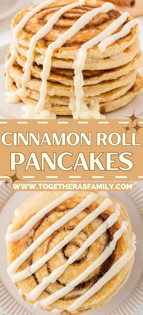 Cinnamon Bun Pancakes Recipe, Cinnamon Roll Pancakes With Pillsbury, Cinnamon Roll Pancakes Easy, Easy Casserole Recipes Chicken, Breakfast Ideas Cinnamon, Cinnamon Roll Flavors, Cinnamon Sugar Pancakes, Cinnamon Bun Pancakes, Cinnamon Swirl Pancakes