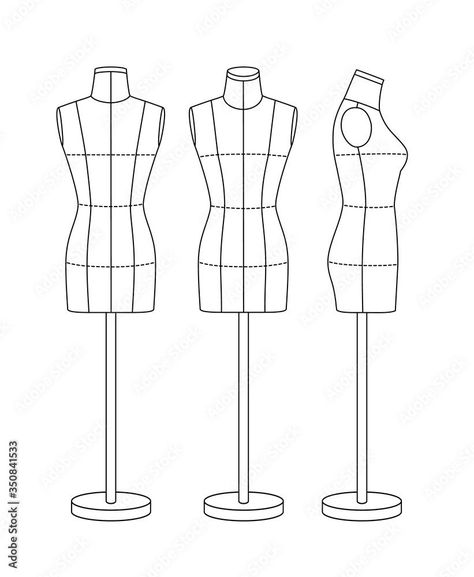 Mannequin for sewing and modeling, front, back and side. Black outline. Векторне зображення Stock Fashion Design Template Clothes, Fashion Sketches Template, Manicans For Clothes Drawing, Template Fashion Design, Fashion Croquis Templates, Dress On Mannequin, 90s Japanese Fashion Magazine, Fashion Sketch Template, Sketch Model