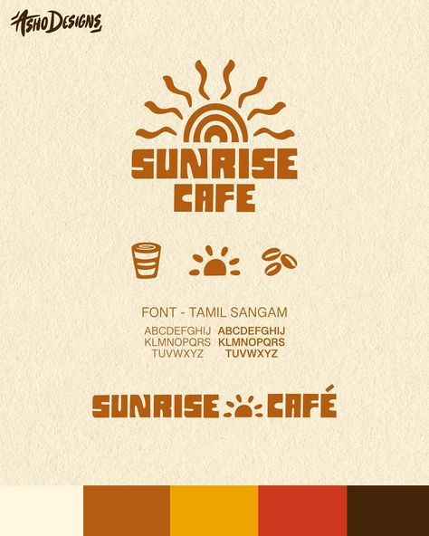 Brand design for Sunrise Cafe ☀️, a make believe cafe. • Want something similar for your business? Inquire now on my website :) • This package includes a primary logo, secondary logo, color palette, typography, menu design, and cup design. This design is completely hand drawn and hand lettered. . . . #brandidentity #branddesign #branding #branddesigner #graphicdesign #graphicdesigner #logo #logodesigner #cafedesign #coffeeshopbranding #cafebranding #packagingdesign Primary Logo Design, Cafe Colors Palette, Art Cafe Logo, Color Palette For Coffee Brand, Modern Cafe Branding, Logos With Letters, Coffee Logo Branding, Vintage Coffee Shop Logo, Coffee Brand Identity