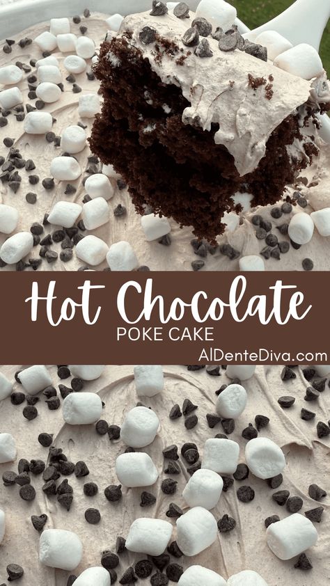 Hot Chocolate Poke Cake Hot Desserts Winter, Kid Christmas Desserts, Hot Chocolate Dessert Recipes, Box Cake Desserts, Hot Cocoa Cake Recipe, Diy Christmas Cake, Christmas Snack Recipes, Hot Chocolate Desserts, Marshmallow Topping