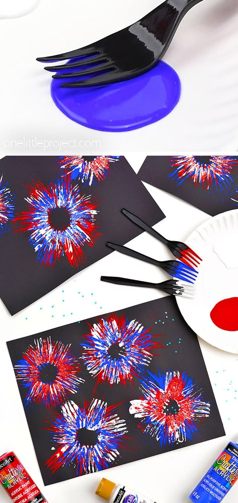 Fork Painted Fireworks 4july Crafts For Kids, Fork Painted Fireworks, Firework Projects For Kids, Forth Of July Arts And Crafts, New Years Childrens Crafts, 4th Of July Craft Preschoolers, July 4 Crafts For Kindergarten, Fun Fourth Of July Crafts For Kids, Baby Firework Craft