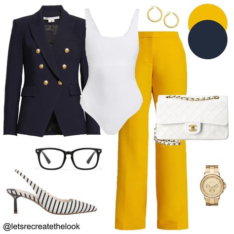 Navy x Yellow x White - 9 Outfit Ideas 💛 A bit nautical, preppy and classic all intertwined and a great combination to try for spring. Look into your closet, I’m sure you have some items in these three colors, think about how you can pair them together. This is a great way to add a pop of color! 💛 Save this post for color and style inspo!🥰 Links will be available on the blog later today. (Link in bio) Are you subscribed? 😉 #letsrecreatethelook #springstyle #outfitideas #styleinspiration #cas... Outfit Ideas Everyday, Yellow Outfit, Spring Look, Blue Trousers, Fall Outfits For Work, Canary Yellow, Yellow Top, Everyday Outfit, Office Outfits