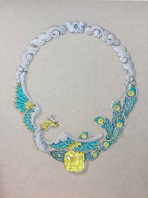 Necklace Painting, Jewellery Designing, Jewellery Illustration, Necklace Drawing, Phoenix Jewelry, Jewelry Sketches, Chinese Pendant, Tooth Pick, Jewelry Sketch