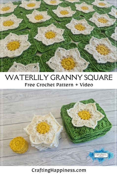 How to crochet Waterlily Granny Square, free crochet pattern & tutorial great for beginners. Learn to crochet this on Crafting Happiness. Plant Granny Square, Crochet Waterlily, Water Lily Crochet, Crochet Pattern Tutorial, Granny Square Tutorial, Front Post Double Crochet, Crochet Motif Patterns, Crochet Plant, Crochet Blocks