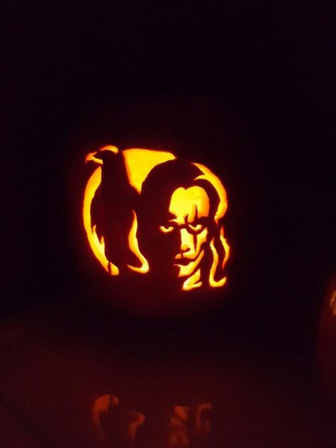 My Pumpkin carving of Eric Draven from The Crow The Crow Pumpkin Carving, Raven Pumpkin Carving, Eric Draven, Pumpkin Carving Designs, Pumpkin Template, White Paint Pen, Best Pumpkin, The Crow, Carving Ideas