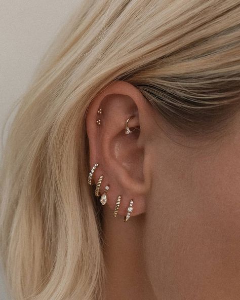 Solid gold treasures on the iconic ear of @karissasparke ✨ Karissa opts for out 14K Solid Gold hoops & piercings pieces that can take her through her daily surfs, yoga, taking care of a puppy & everything in between 🐶 Tap to shop her stack! ​ ​This week, we're playing... guess the collection name! We're launching something special oh so soon and I've been seeing all your guesses as to what it is... 😁 To be in the running to win a $100 voucher, guess what collection we'll be launching! Hint: Th Ear Piercings Gold, Piercings Gold, Earlobe Piercings, Piercing Inspiration, Ear Piercings Chart, Piercing Chart, Double Ear Piercings, Piercing Inspo, Diy Easter Gifts